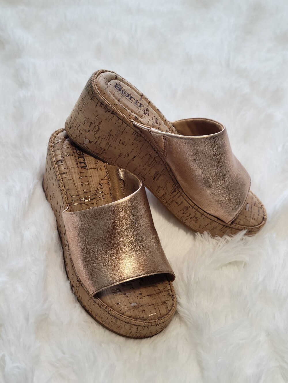 Born Metallic Bronze Cork Slide Mules, Size 8